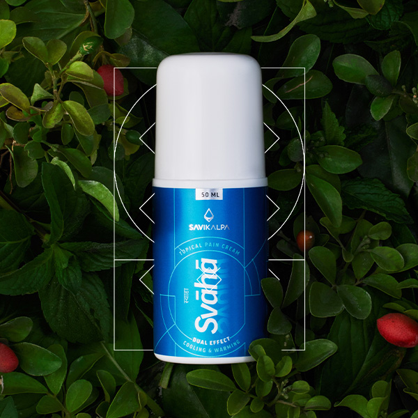 Svaha pain relief roll on product image with a backgrop of green leaves and natal plum