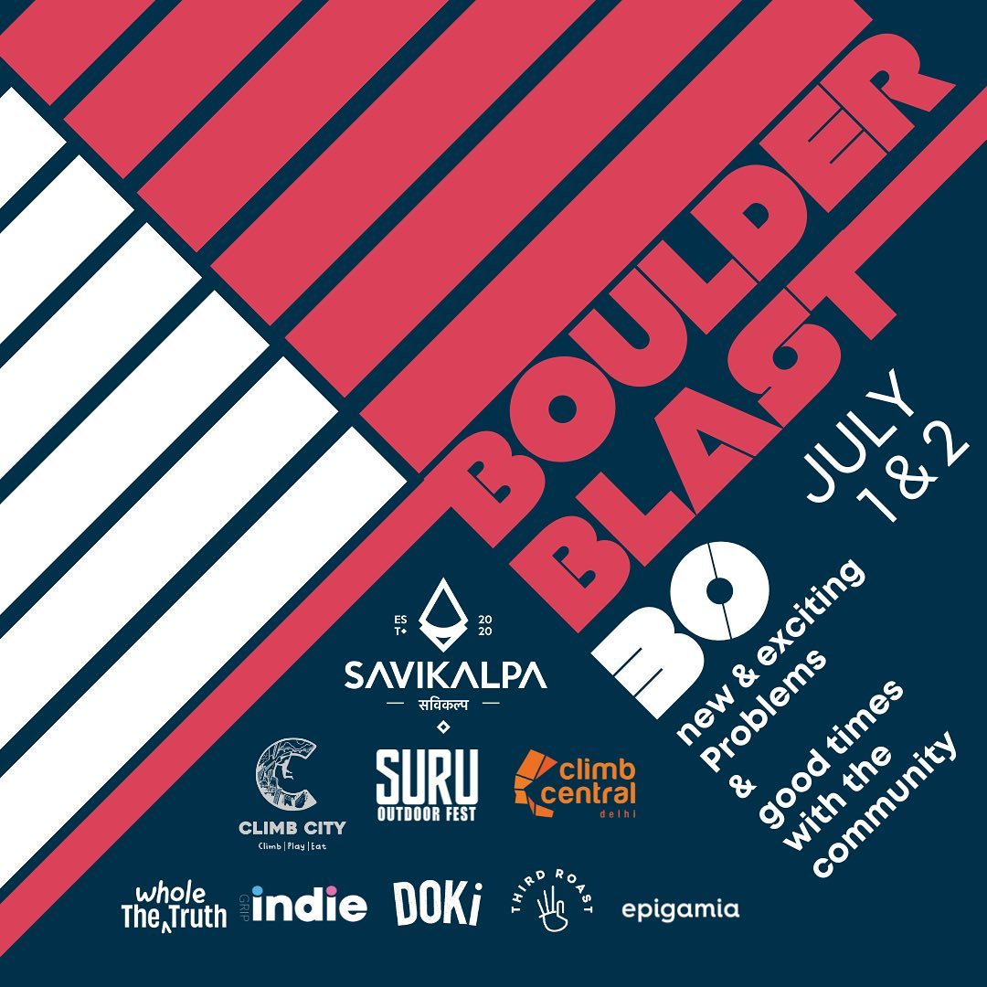 Promotional graphic for Boulder Blast competition in July featuring logos of sponsors, one of them being Savikalpa