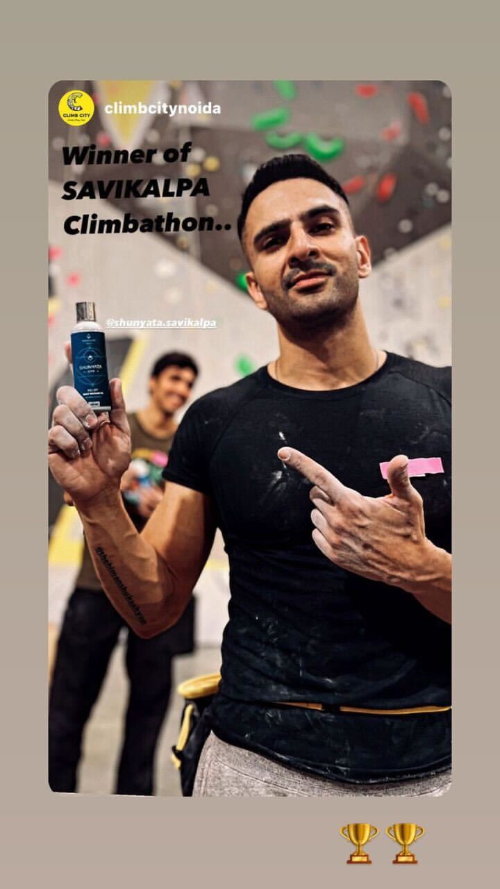 Instagram story of a participant with Savikalpa Shunyata at Boulder Blast competition, captioned winner of Savikalpa Climpathon.