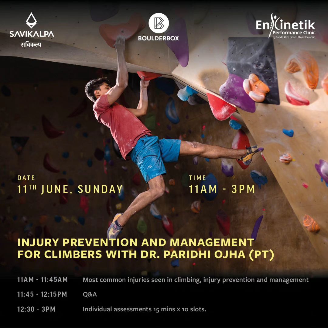 A poster of injury prevention and management for climbers workshop by Savikalpa with a Male climber & event details