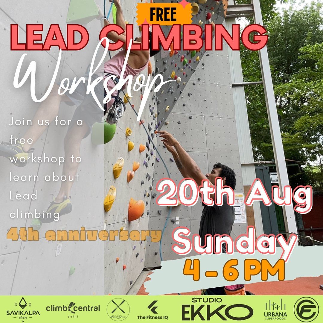 Flyer for a Free Lead Climbing Workshop with event details, sponsored logos, and an image of a climber ascending a wall