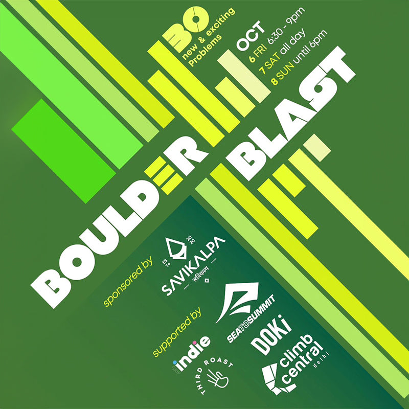 A green promotional poster for the 'Boulder Blast' climbing competition, featuring event details sponsored by Savikalpa
