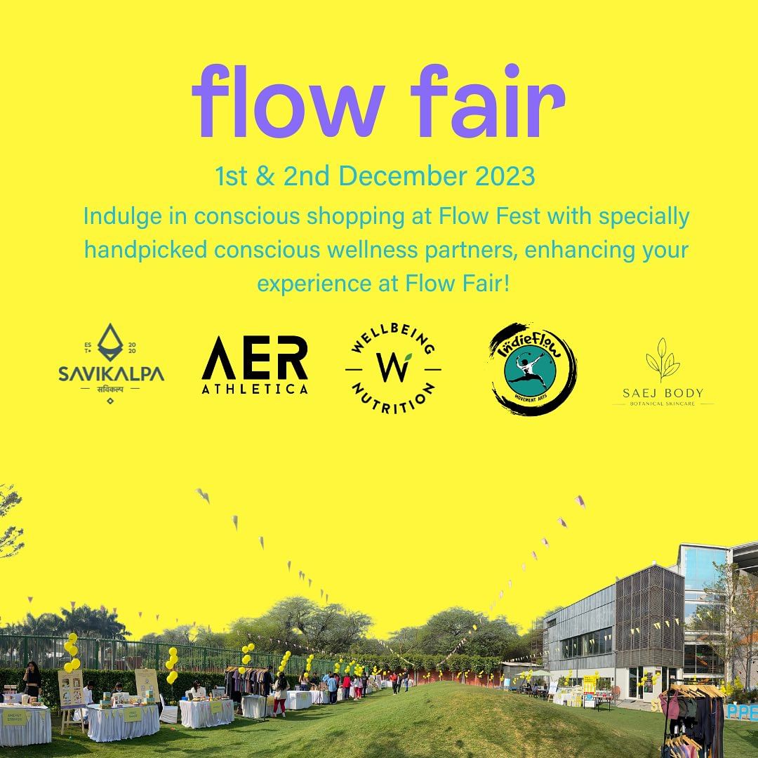 Promotional poster for the Flow Fair fest, featuring various wellness partners including Savikalpa, set in an outdoor setting