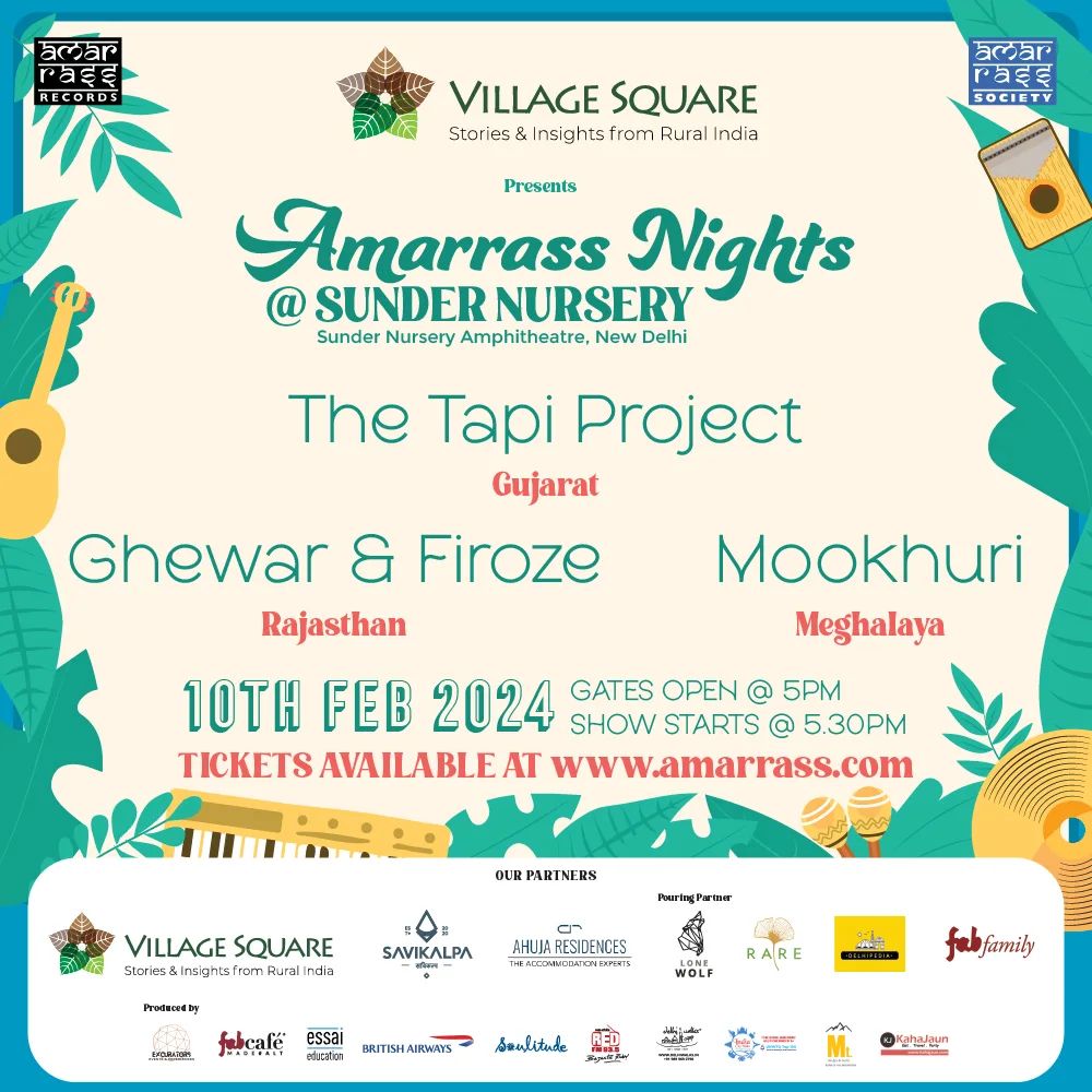 Promotional poster for Amarass Nights by Savikalpa, featuring cultural music events at Sunder Nursery Amphitheatre