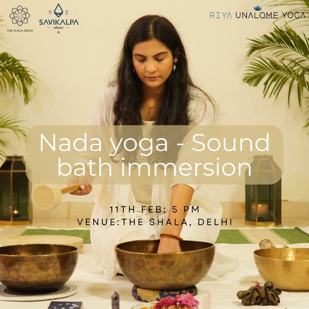 Nada Yoga event with Savikalpa banner, featuring a yoga setting, singing bowls & an instructor, at The Shala