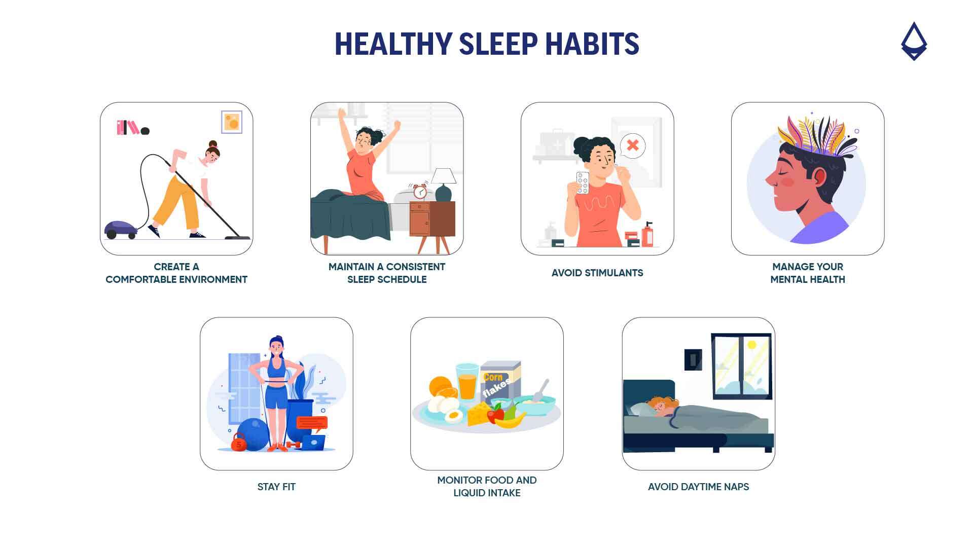 Infographic on Healthy sleep habits with different steps to maintain good sleep