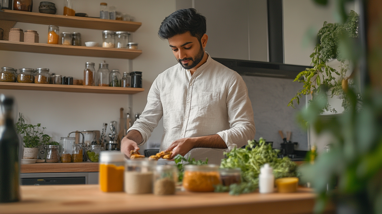 Feature image for What are Home Remedies for Migraine blog showing a man mixing products for migraine