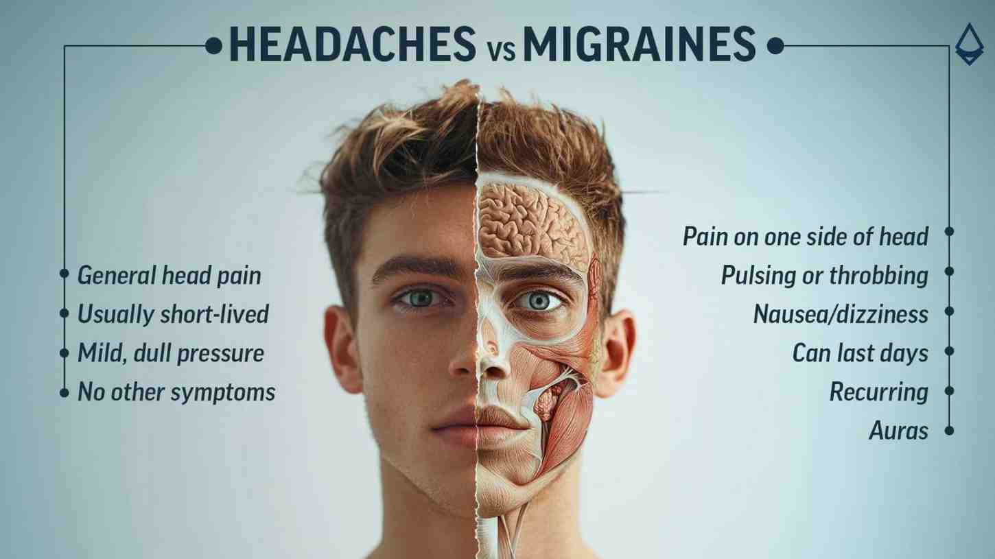 Infographic explaining Differences between migraines and headaches, from duration of pain to symptoms.