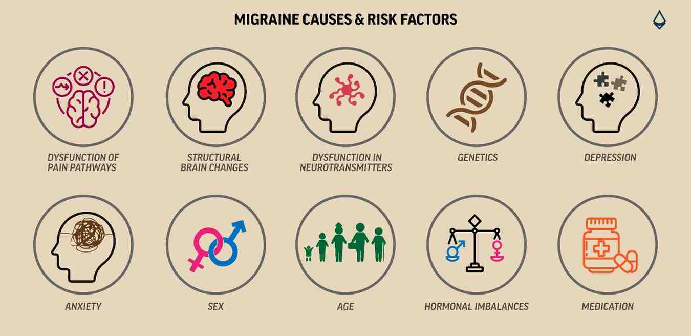 Infographic explaining possible migraine causes and risk factors that make someone more susceptible to migraines.