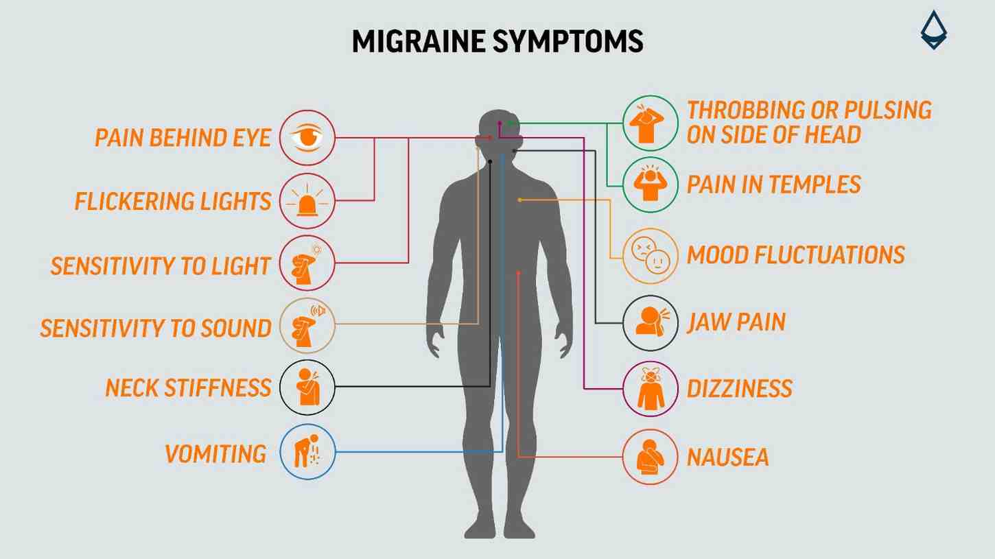 Infographic on migraine symptoms one is likely to experience before, with or after any migraine attack