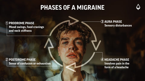 Image depicting the 4 phases of a migraine along with descriptions to help identify if someone might be experiencing any of them.