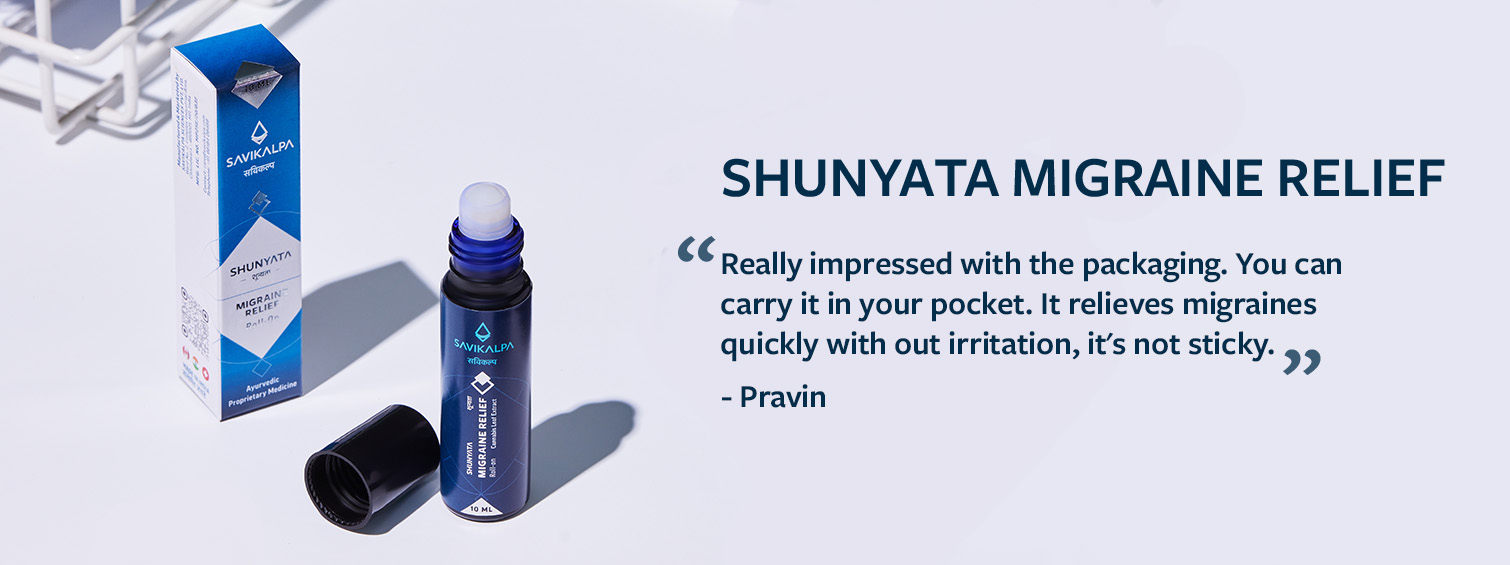 Shunyata Migraine Relief roll-on Testimonial along with shunyata migraine relief roll on bottle with the cap and the packet on the side