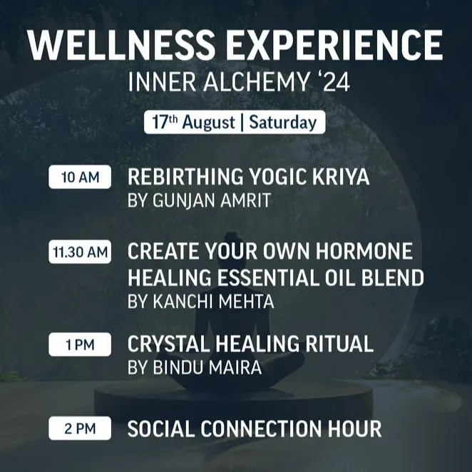 Feature image of Inner Alchemy a holistic wellness experience with guided yogic kriya, essential oil blending, crystal healing, and networking sponsore by Savikalpa Sciences in collaboration with Vitality Hours