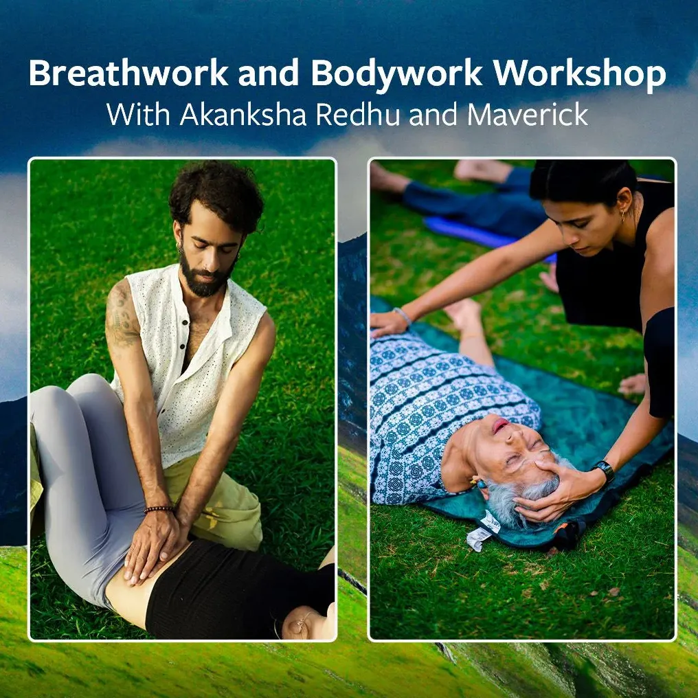 Feature Image of Breathwork and Bodywork Workshop at Shala Delhi with a backdrop of trainers and participants