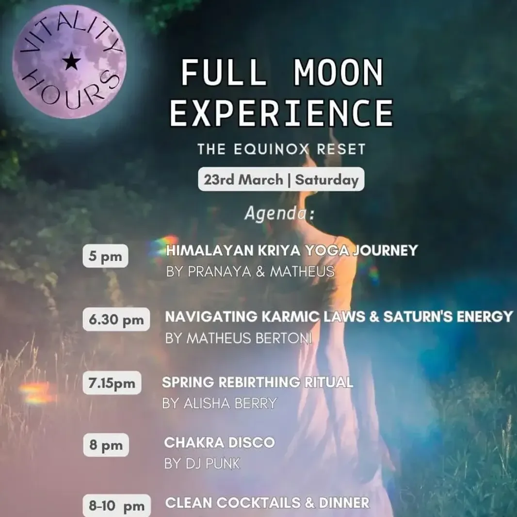 Promotional poster for Full Moon Experience wellness event featuring yoga and spiritual sessions at Vitality Hours.
