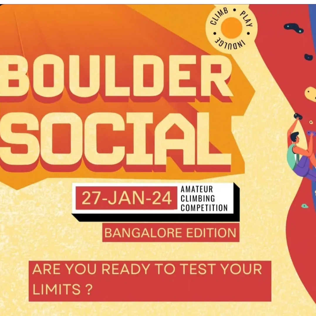 Flyer for Boulder Social, an amateur climbing competition with schedule and location details, sponsored by Tenaya