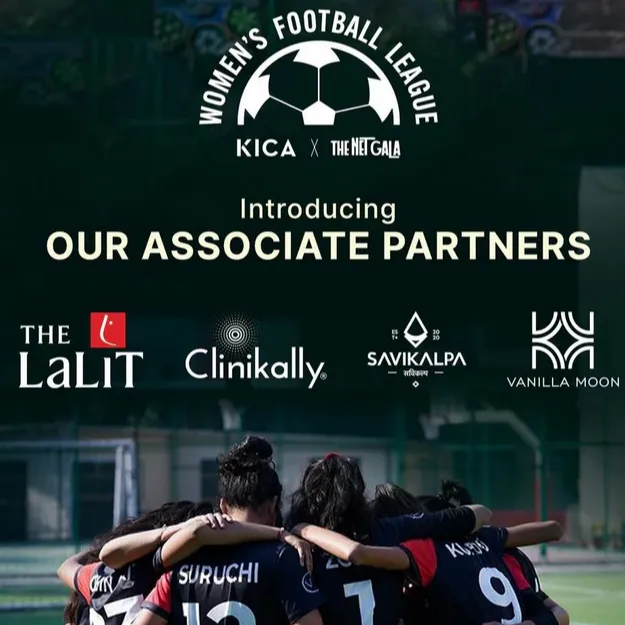 Feature Image of Women's Football League  featuring associate partners, including Savikalpa, and a huddle of female football players.