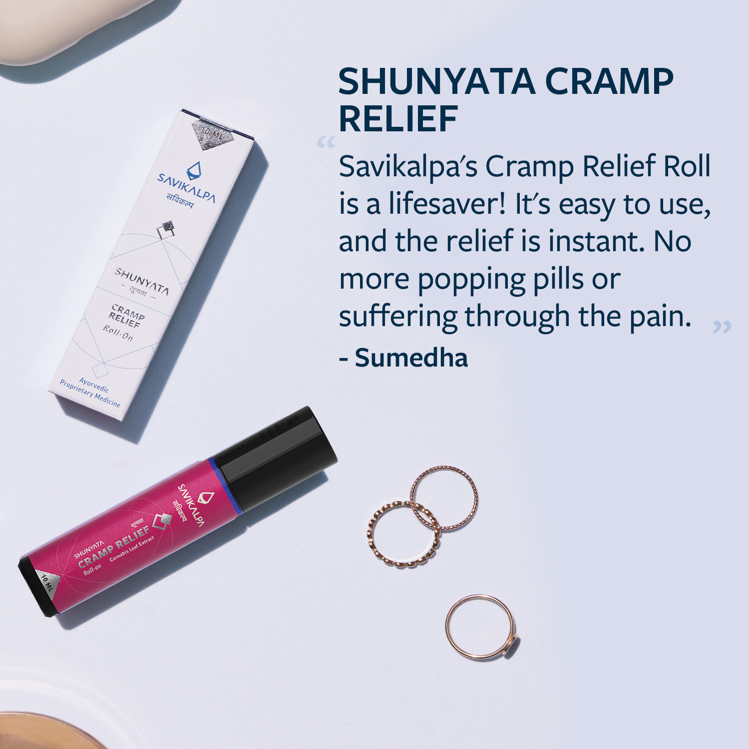Shunyata Cramp Relief Roll-on Testimonial with cramp relief roll on bottle flatlay on the side
