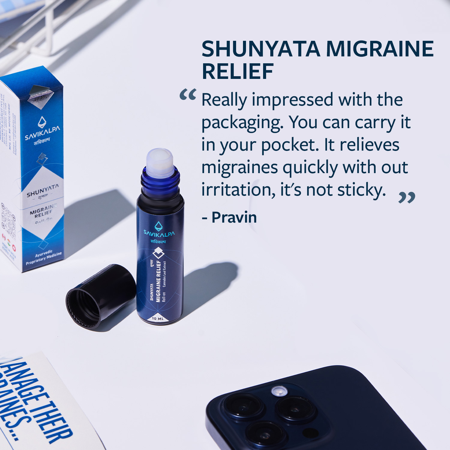 Shunyata Migraine Relief roll-on Testimonial along with shunyata migraine relief roll on bottle with the cap and the packet on the side