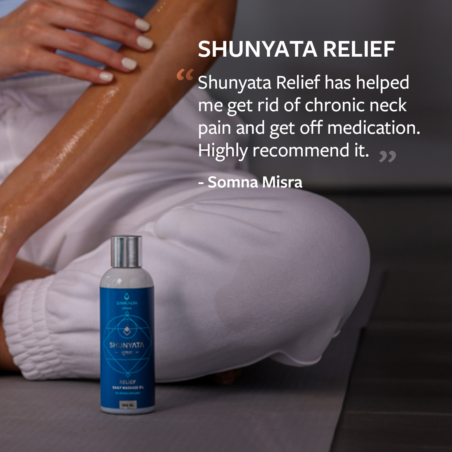 Shunyata pain relief oil testimonial helps with chronic pain with meditation backdrop