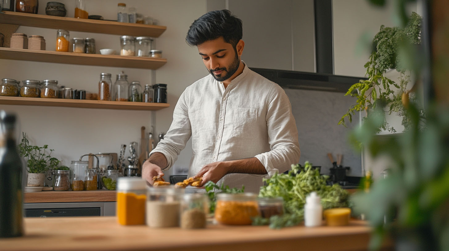 Feature image for What are Home Remedies for Migraine blog showing a man mixing products for migraine