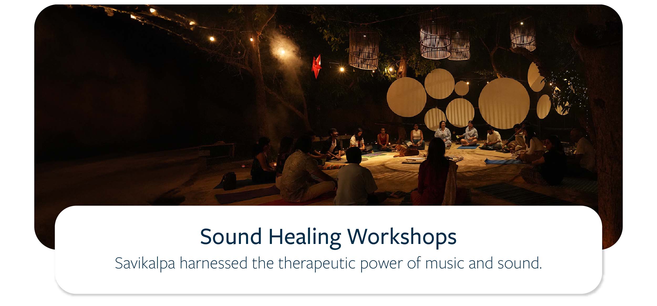 Sound Healing Workshop: People relaxing outdoors in a serene natural setting, experiencing the therapeutic effects of sound