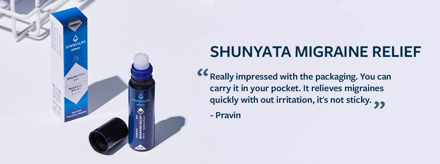 Shunyata Migraine Relief roll-on Testimonial along with shunyata migraine relief roll on bottle with the cap and the packet on the side