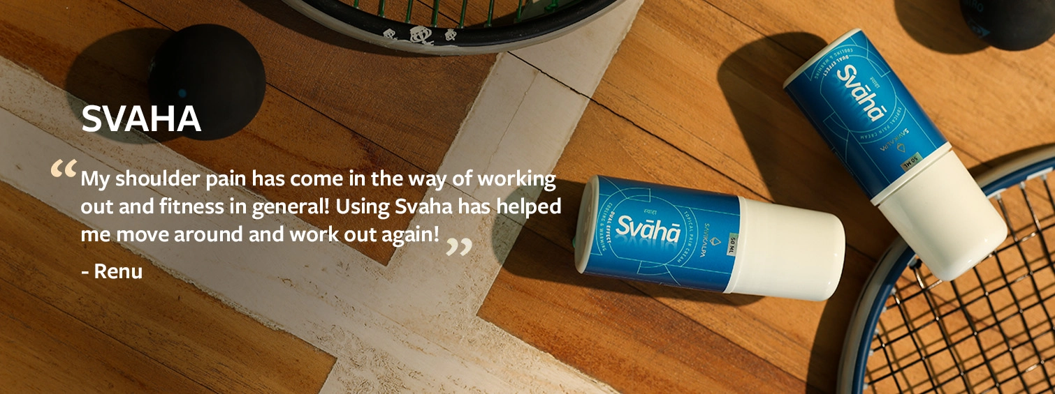 Svaha pain relief roll on testimonial helping with shoulder pain with a backdrop of squash racquets and balls