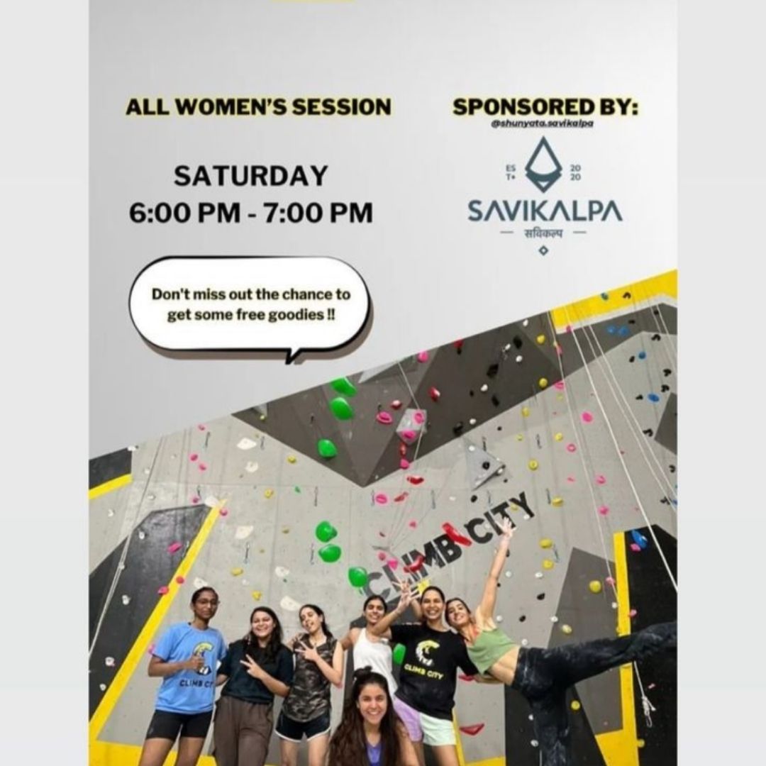 Flyer for an "All Women's Session" at Climb City, sponsored by Savikalpa, with event details and a photo of women climbers