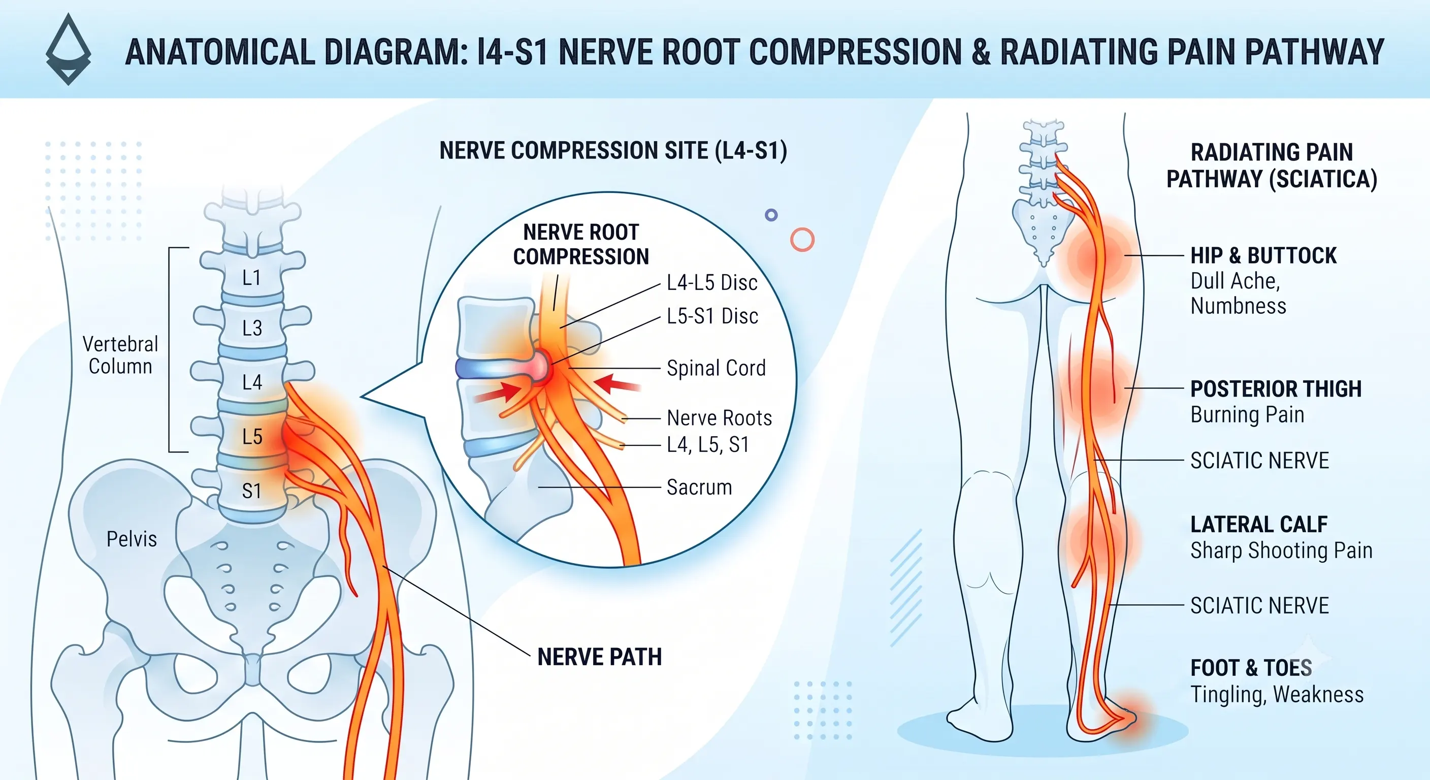Diagram showing L4-S1 nerve root compression in the spine and the radiating sciatic pain path down the leg.