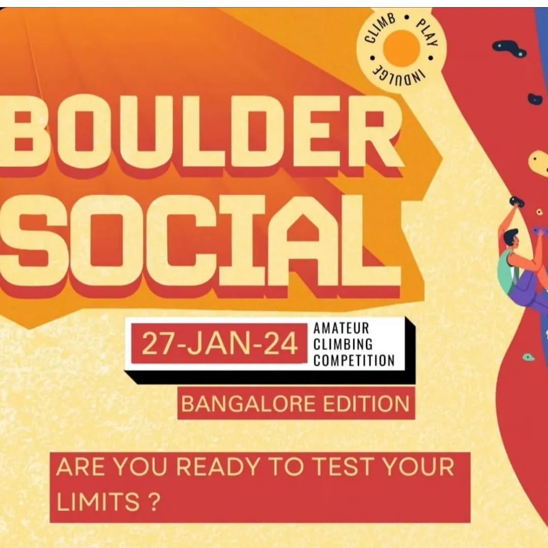 Promotional poster for the "Boulder Social" amateur climbing competition, Bangalore edition, held on January 27, 2024