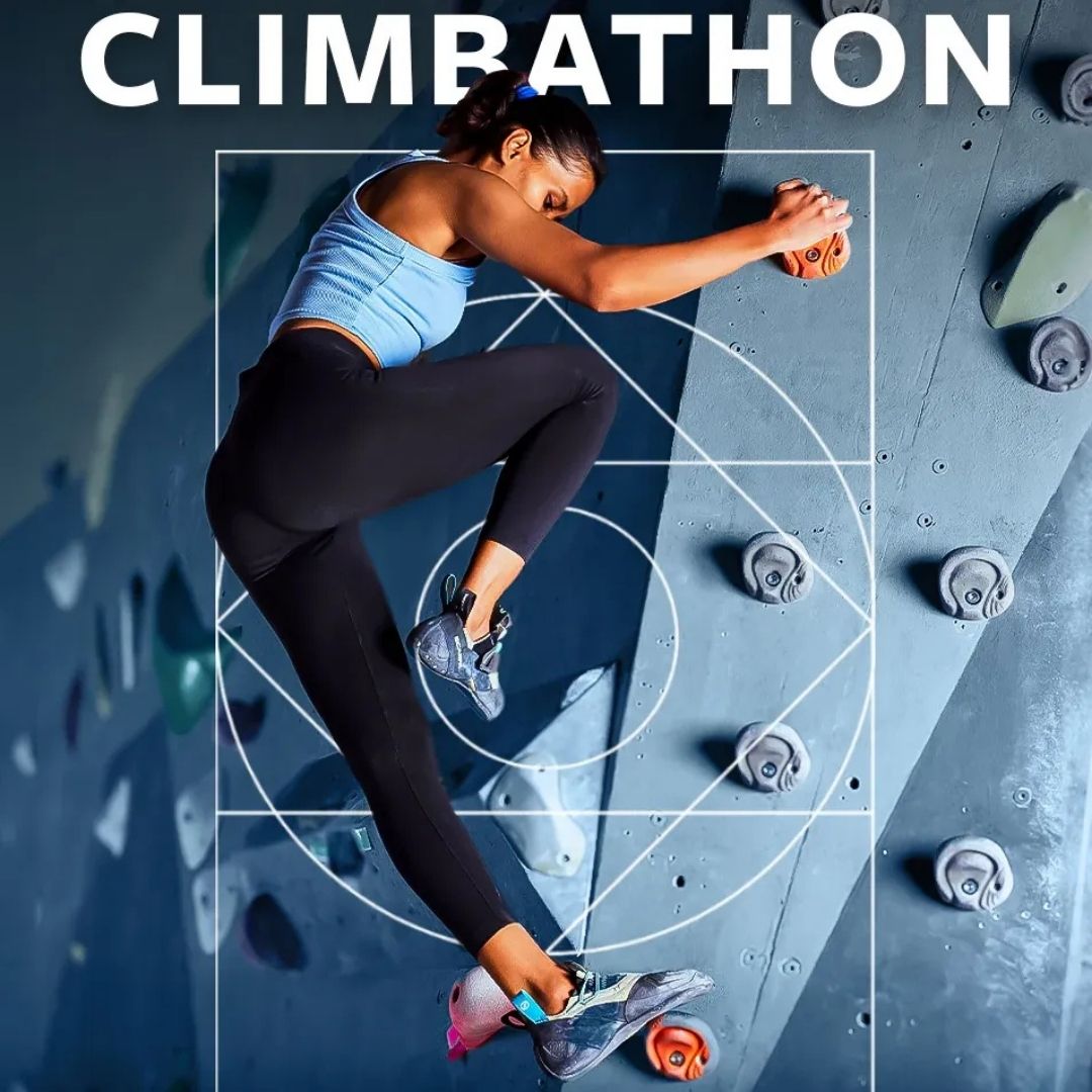 A strong female climber scaling an indoor bouldering wall, highlighted by "CLIMBATHON" text for a climbing event