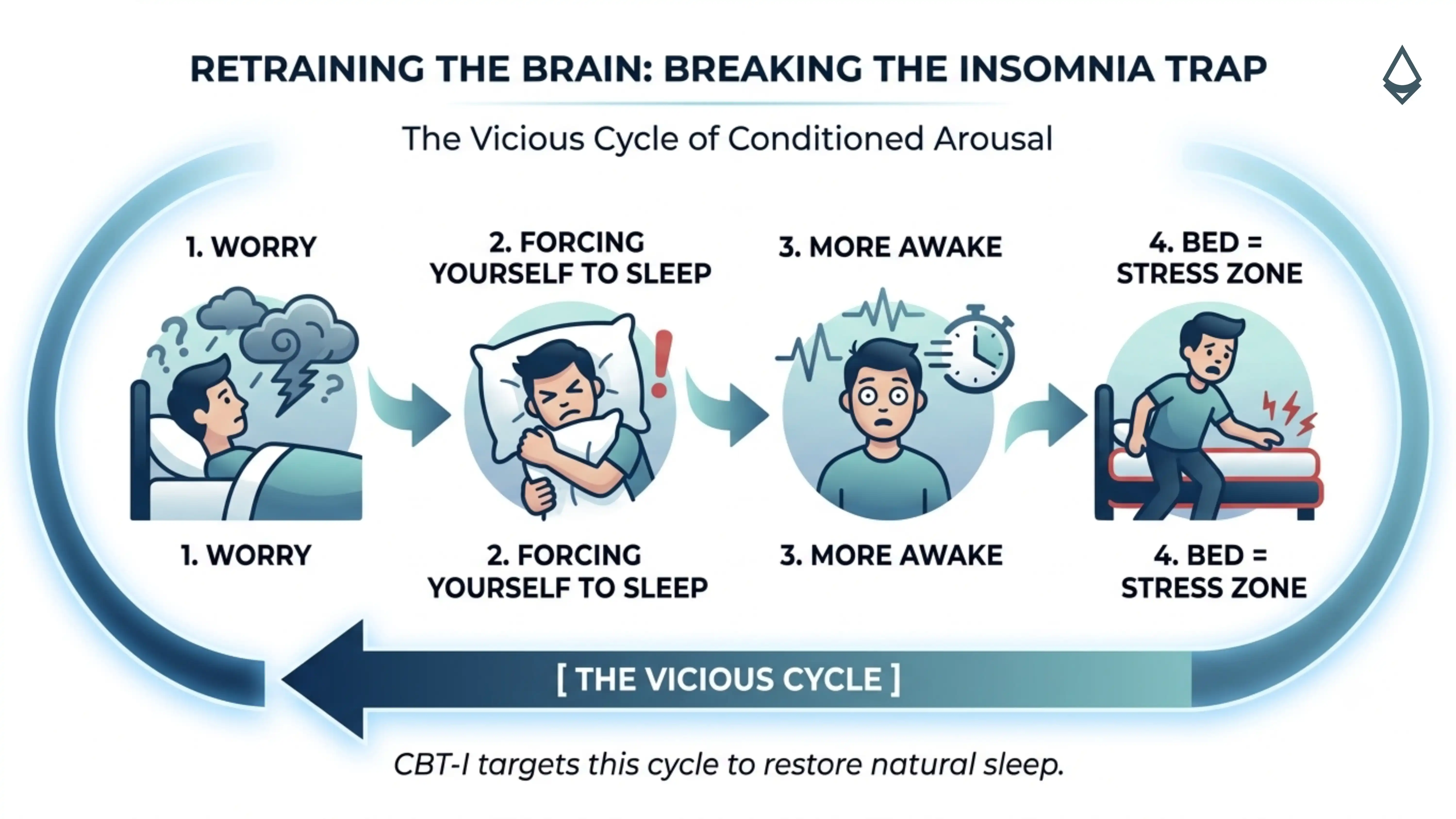 A blog infographic showing the vicious cycle of the insomnia trap in four pointers
