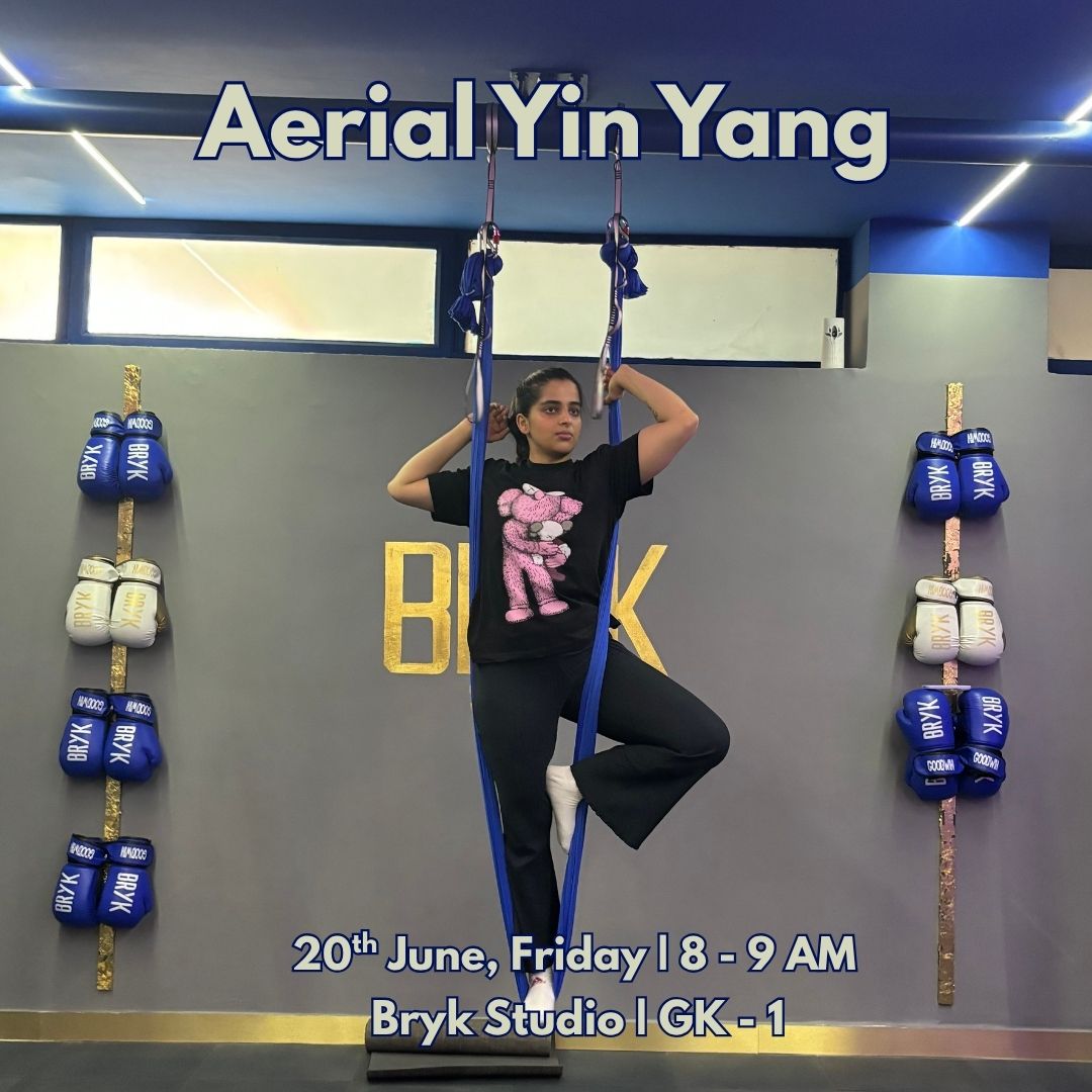 Aerial Yin Yang yoga session banner image organised at the Bryk studio to practice mindfulness and flexiblity