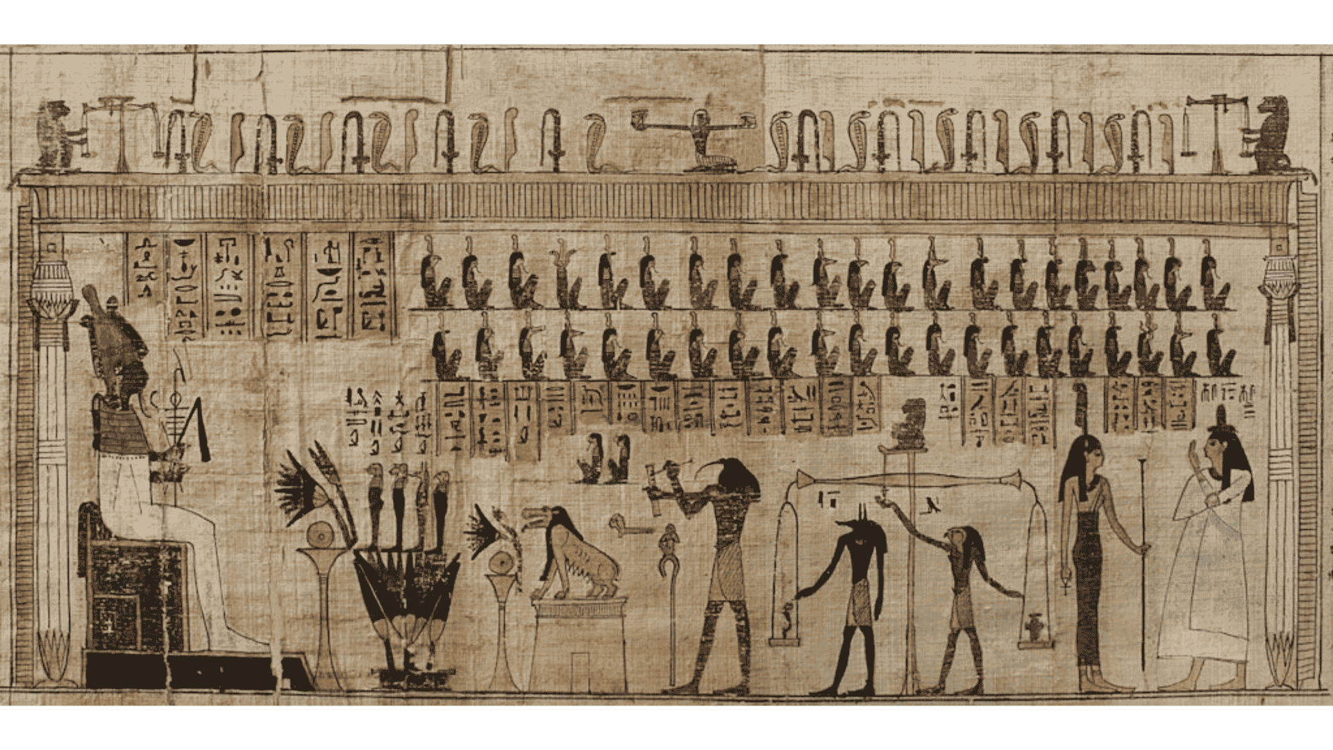 The interior image of an Egyptian temple showcases ornate columns, hieroglyphs, and ancient stone walls