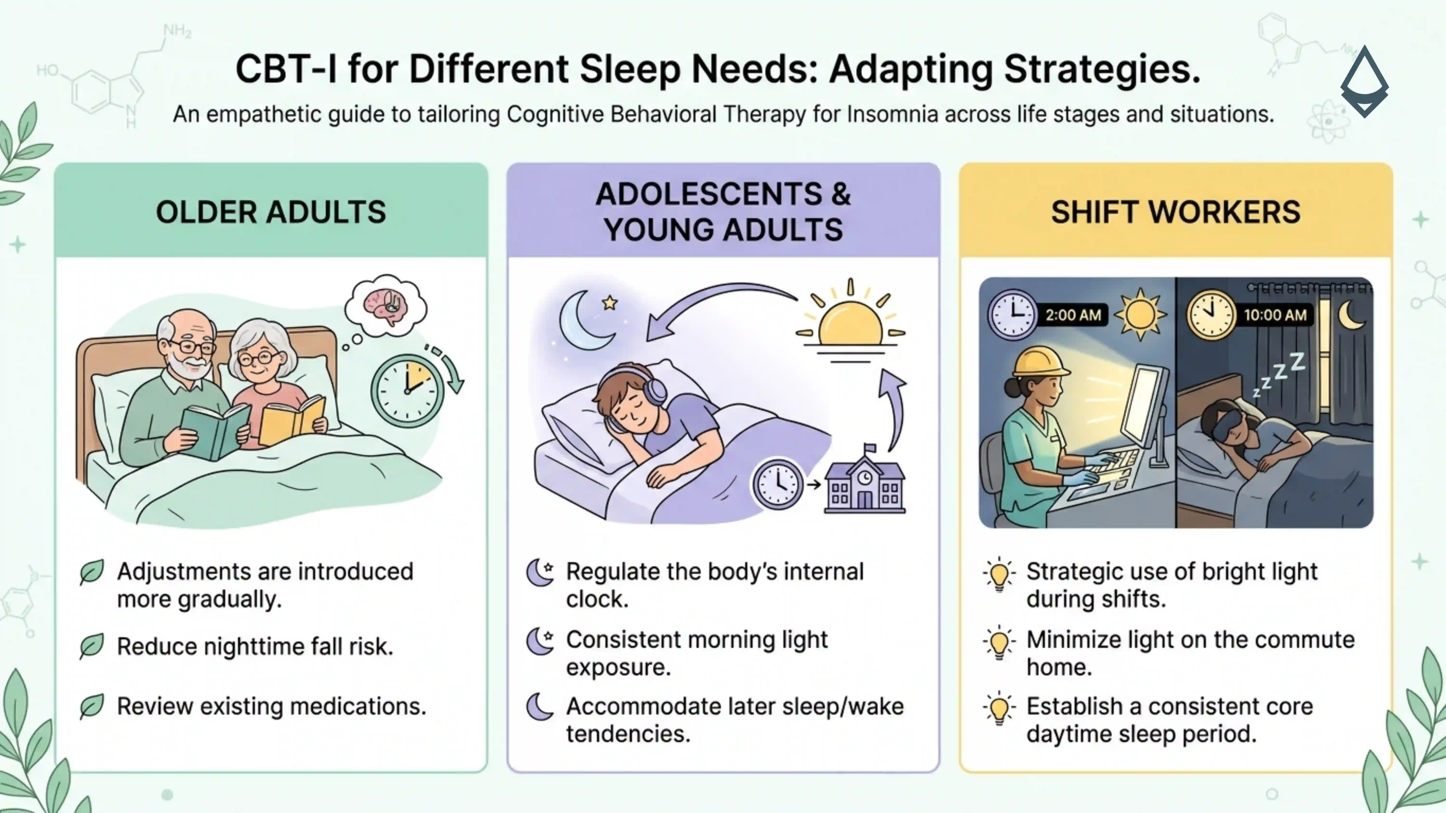 An infographic divided across three panels showing different sleep needs for different set of people
