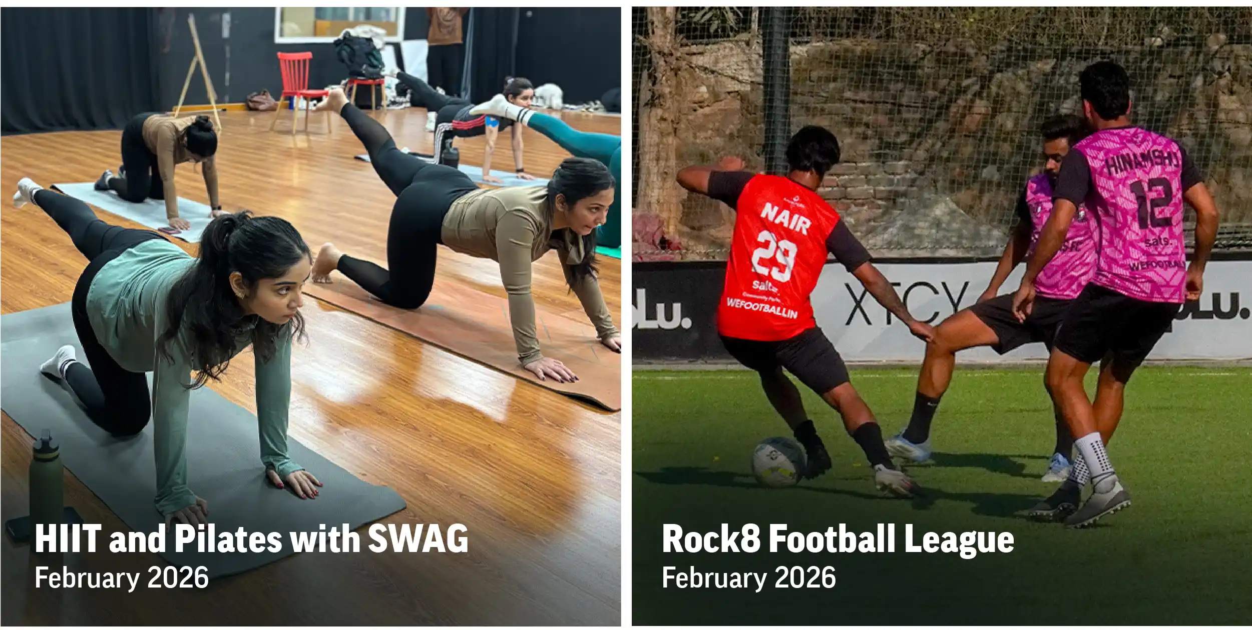 Savikalpa Sansaar community newsletter May 2026 HIIT Pilates & Football league event images