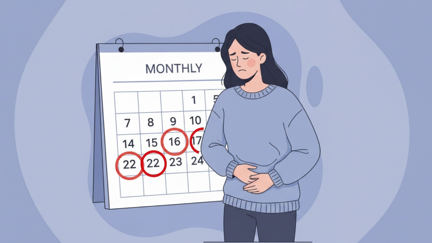 A woman suffering from dysmenorrhoea holding her lower abdomen