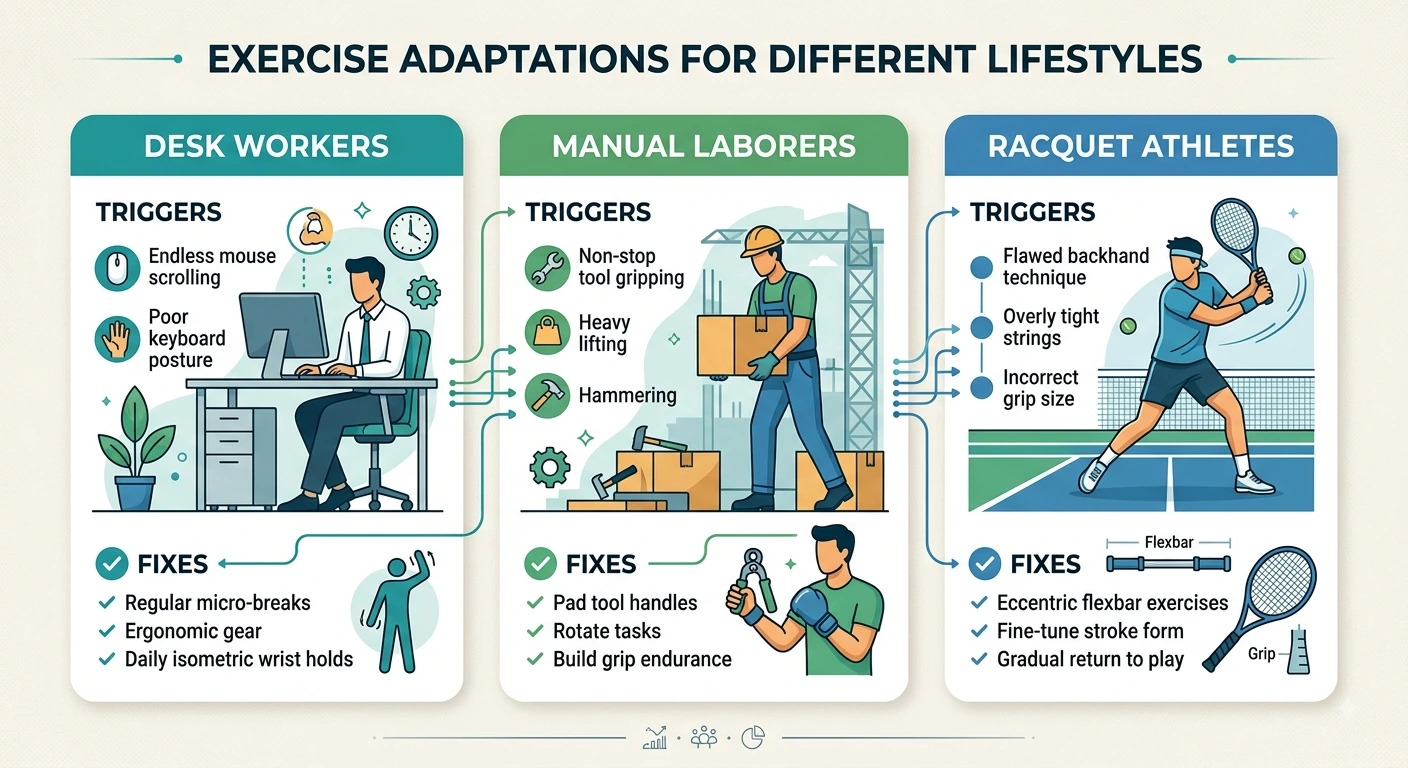 Infographic outlining exercise adaptations, strain triggers, and targeted fixes for desk workers, manual laborers, and racquet athletes.