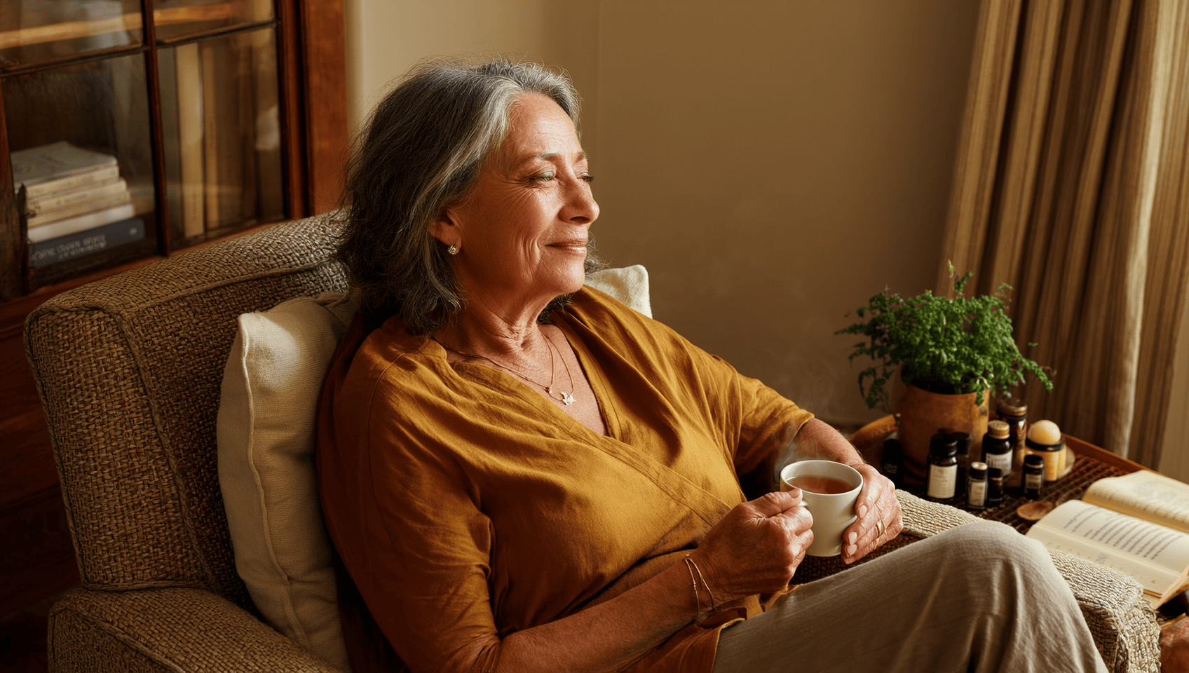 A woman in her mid 50s relaxing on a couch with a cup of tea