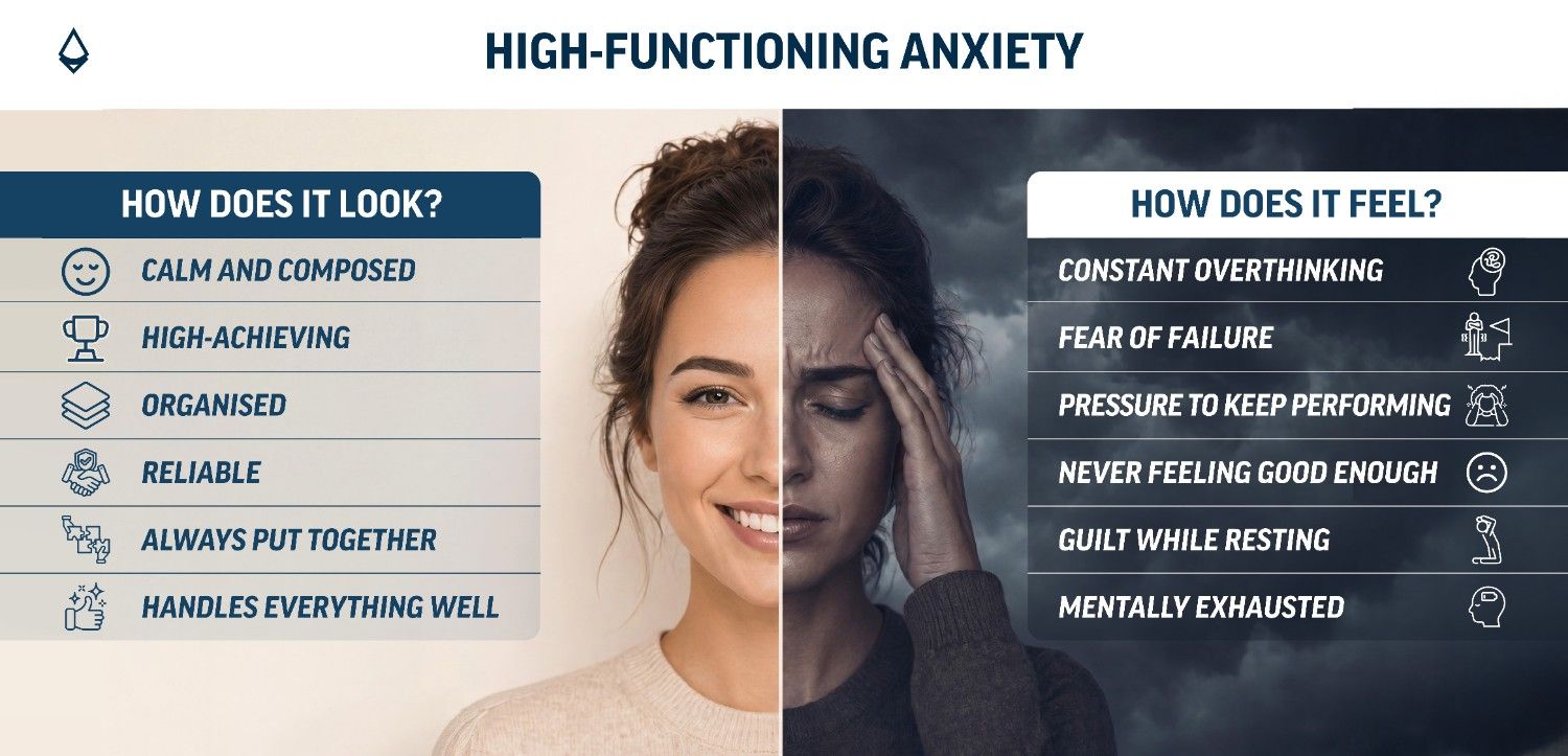 An infographic distributed in two panels showing what high functioning anxiety can look and feel like