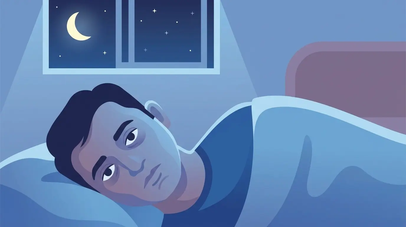 A vector style image showing person in mid 30s unable to sleep depicting sleep disorder.
