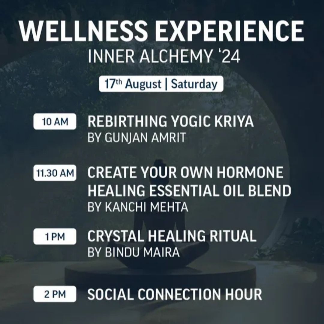 Inner Alchemy '24: Wellness event on Aug 17th. Yogic Kriya, essential oils, crystal healing, a yogi statue in background