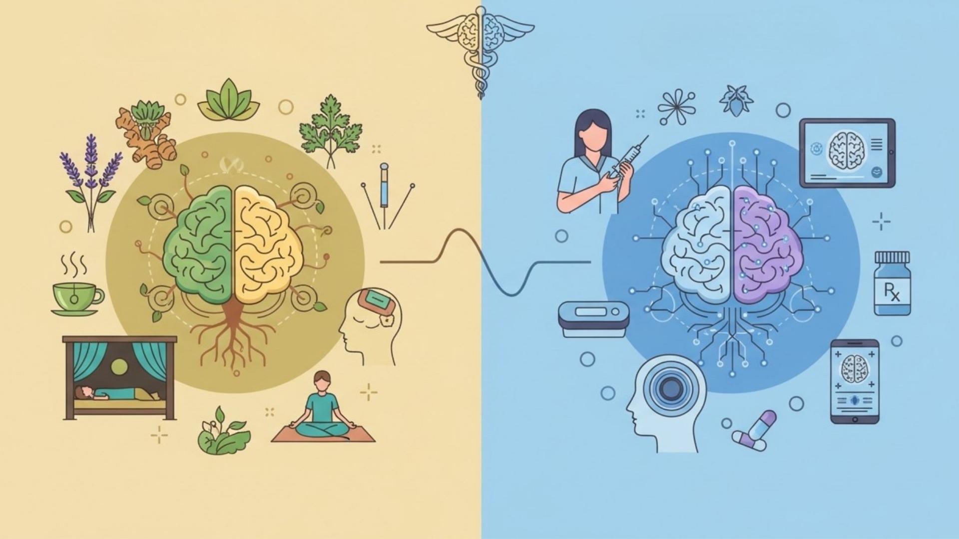 A featured iamge showing traditional versus modern ways tyo treat migraine and migraine management