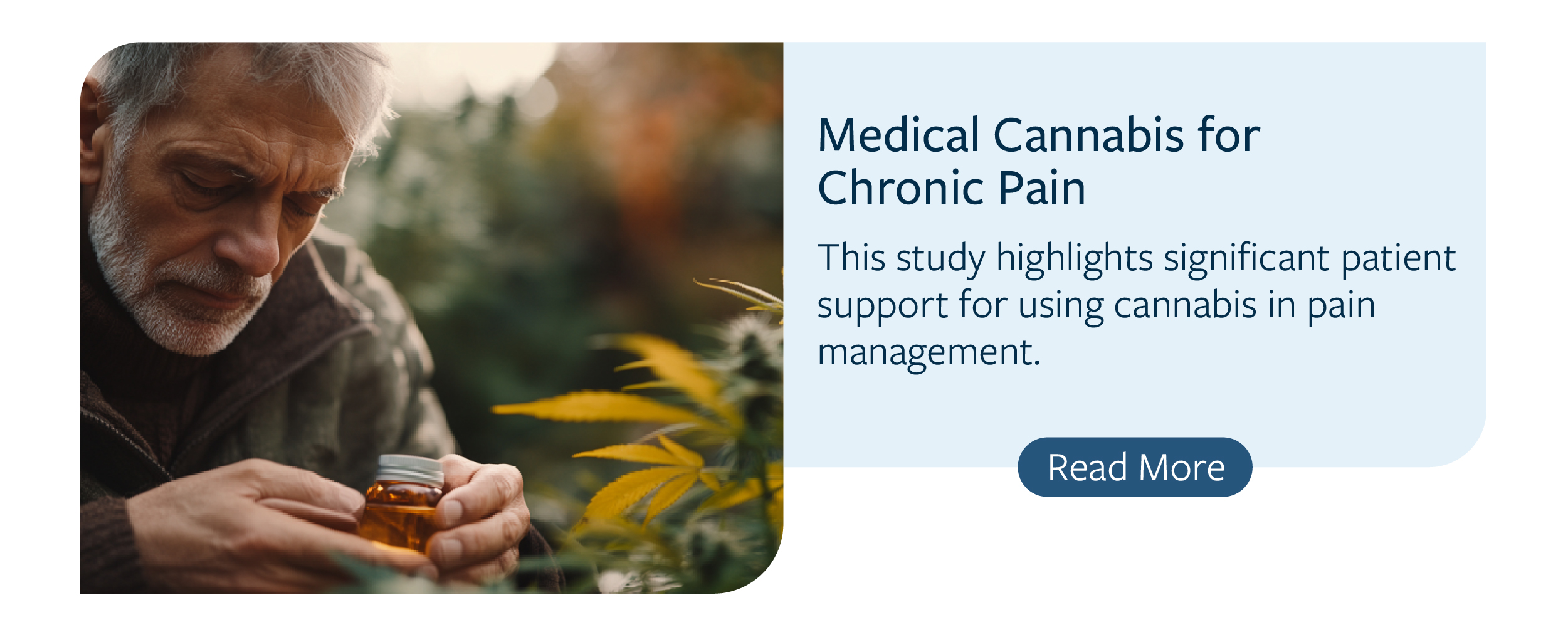 Elderly man examining a medical cannabis bottle outdoors, representing patient-supported cannabis use for chronic pain relief