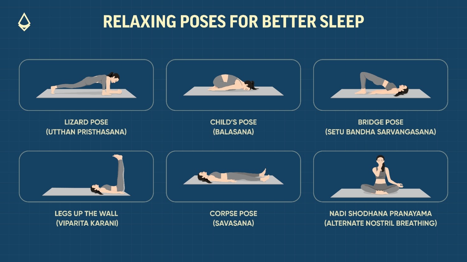 An infographic distributed acorss panels showing relaxing poses for better sleep