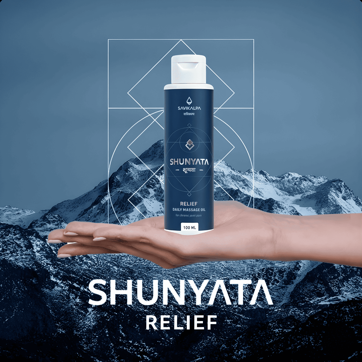 A Shunyata Relief joint pain oil bottle standing on a palm over a blue mountain landscape