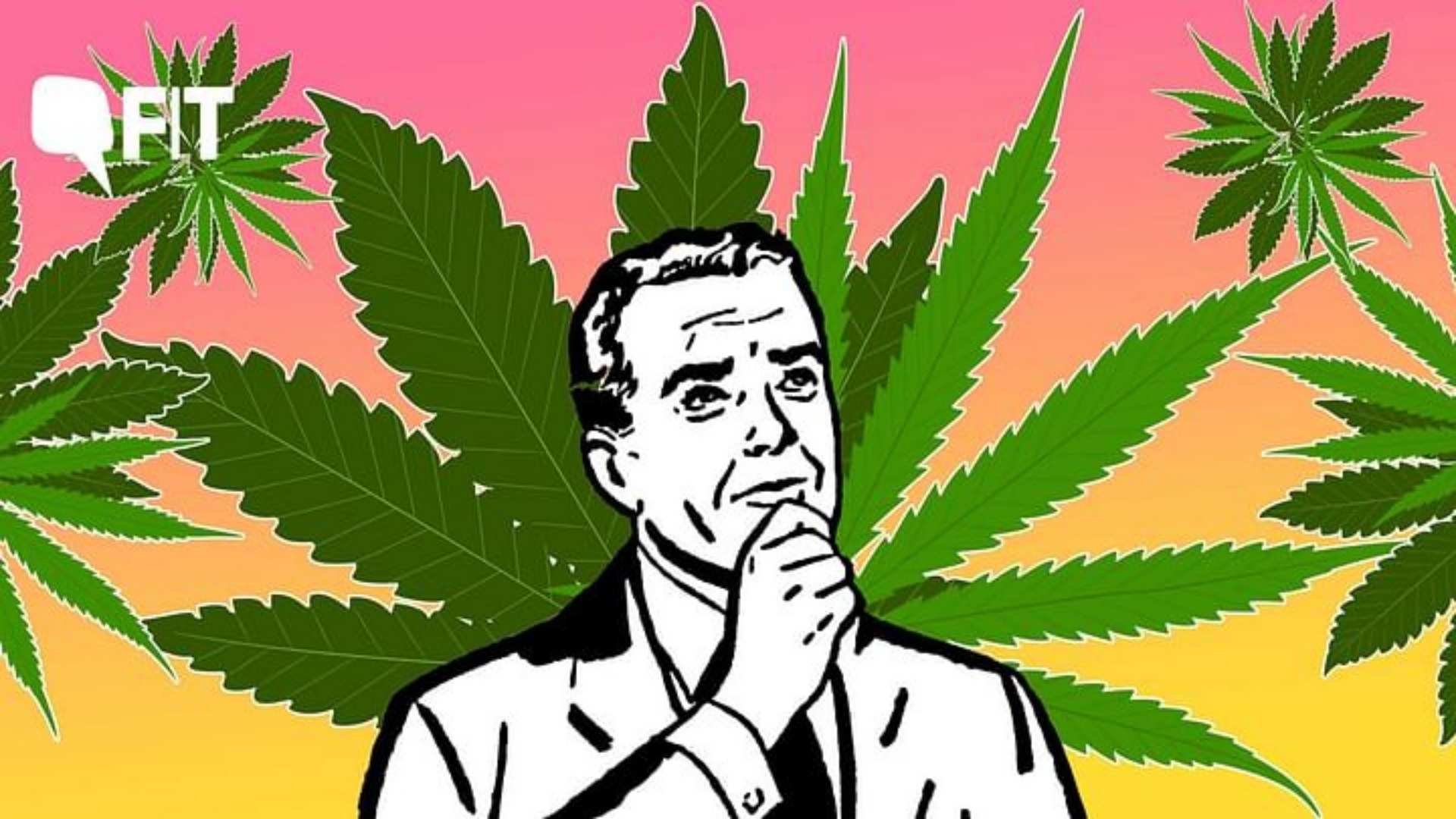 An illustrative image from The Quint, showing a man in a thinking posture with some cannabis leaves in the background