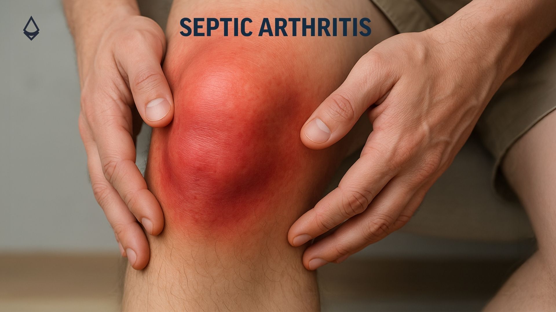 An image of a person holding his knee, the knee is showing inflammation
