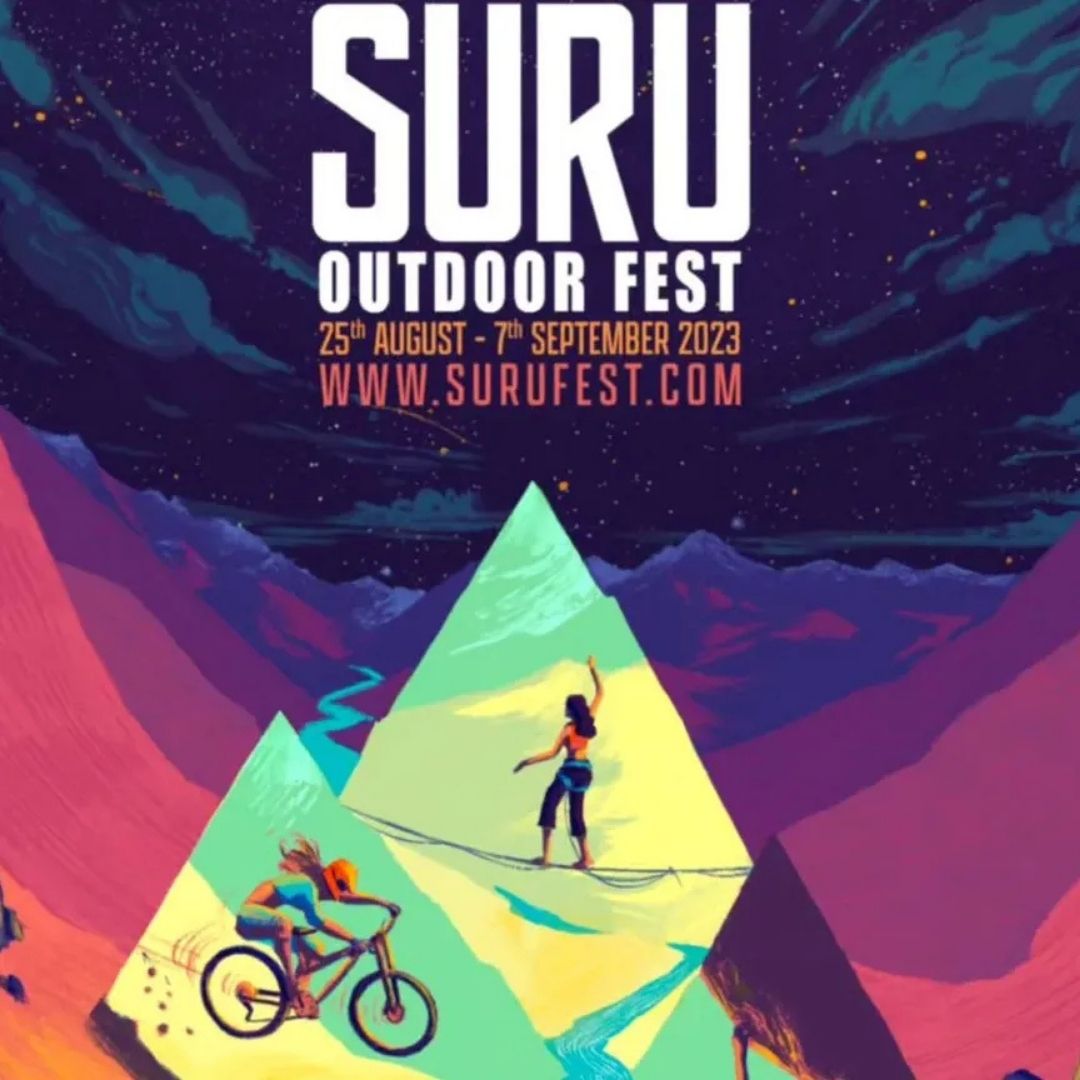 Colorful Suru Outdoor Fest poster with mountains, a slackliner, and a mountain biker. Dates: Aug 25 - Sept 7, 2023